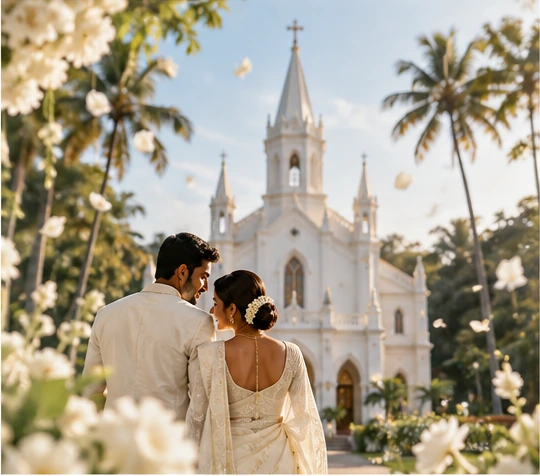 Wedding couple near a church